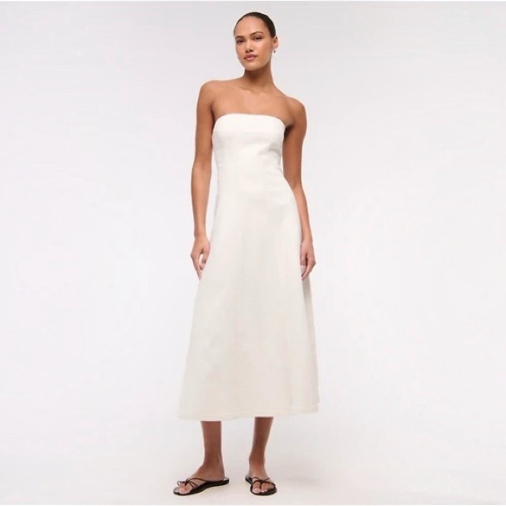 Abercrombie & Fitch Mila Strapless Ivory Denim Midi Dress Womens SZ L Petite NWT